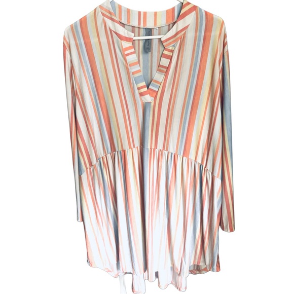 Honeyme Tops - Honeyme Blue and White Mandarin Collar Tunic